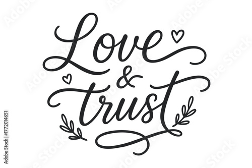 Love & Trust Script. Love & Trust ? brush script hand-lettering with fluid semi-cursive strokes, thin connectors, soft brush flicks; composition: centered;