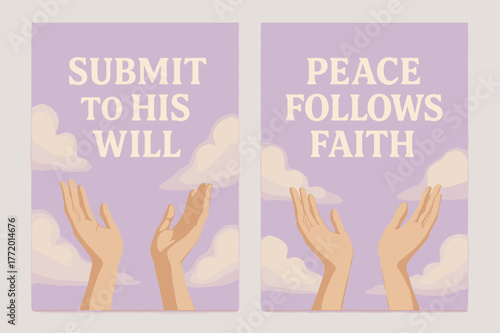 Peaceful Faith Banners. Surrender. Two vertical A6 banners with safe margins, centered composition, no elements touching edges, pastel, lavender and cream,