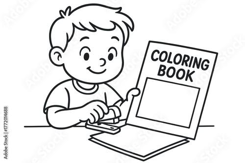 Kids' DIY Book Cover. Make your own book children?s coloring book illustration, outlined drawing, a child stapling simple pages together with a title box and