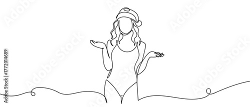 Woman wearing swimsuit and Santa hat. One continuous line hand drawn doodle. One line design modern illustration Editable stroke.