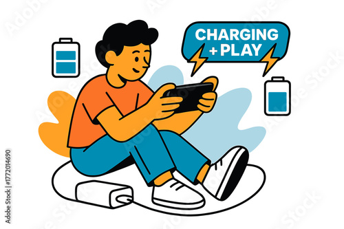 Mobile Charging Animation. Playing a mobile game on the go ? Power bank pit stop. Cable arcs in a clean curve as battery icons orbit the phone. ?CHARGING +