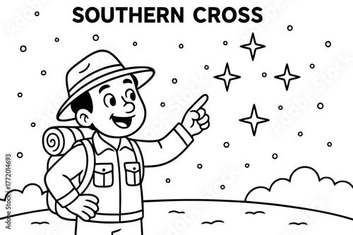 Explorer Points Southern Cross. Using the Southern Cross children?s coloring book illustration, outlined drawing, a friendly explorer pointing to the Southern