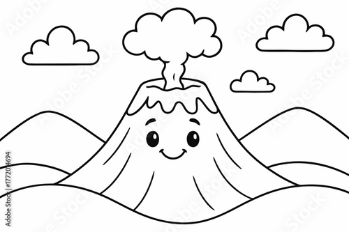 Friendly Volcano Coloring. Volcano children?s coloring book illustration, outlined drawing, a friendly volcano with a smiling face and a gentle puff of ash