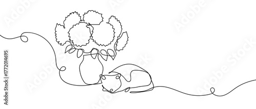Cat sleeping next to a vase of flowers, one continuous line hand drawn doodle. One line design modern illustration Editable stroke.
