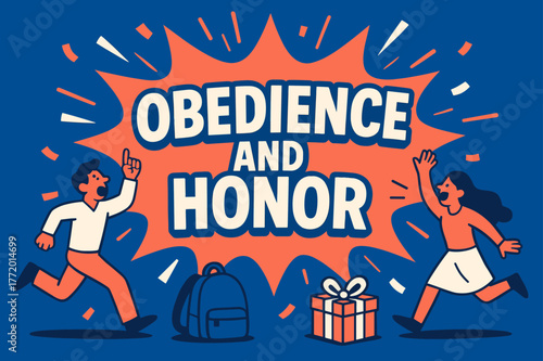 Obedience and Honor Celebration. Obedience and Honor banner, flat vector illustration, bold oversized text inside splash explosion banner, cartoon characters