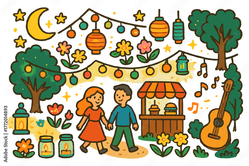 Naklejka premium Magical Garden Evening. Evening garden lights. Colorful Hand-drawn doodle Children illustration Evening garden lights fairy lights, lanterns, flowers glowing,