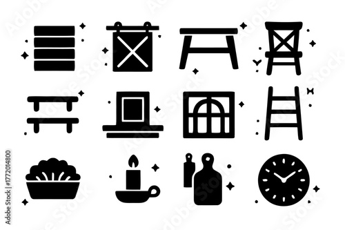 Farmhouse Icon Set. Farmhouse style with reclaimed wood. Solid icons set of Farmhouse style with reclaimed wood: shiplap wall, sliding barn door, farmhouse