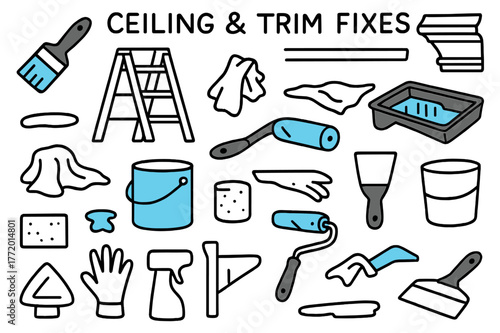 Ceiling Repair Tools. Ceiling and trim fixes. Hand-drawn doodle illustration ceiling and trim fixes [angle brush (accented), ladder (accented), crown molding