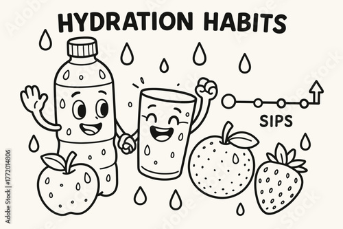 Hydration Fun for Kids. Hydration habits children?s coloring book illustration, outlined drawing, a happy water bottle and glass cheering beside fruits with