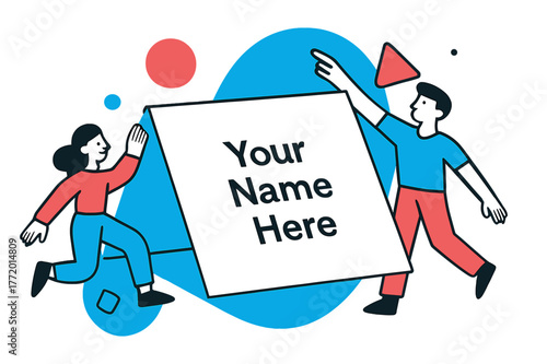 Floating Place Card. Blank Place Card Mockup. A pristine folded card floats with light shadows; placeholder text reads ?Your Name Here.? Geometric shapes frame