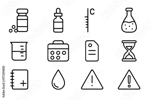 Homeopathy Icons Set. Homeopathy. Line icon set of homeopathy: small vial, pellets, dropper bottle, dilution scale, succussion bottle, glass beaker, remedy