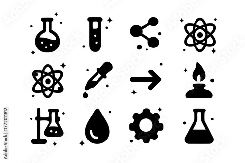 Lab Synthesis Icons. Lab Synthesis. Solid icons set of Lab Synthesis: flask, test tube, molecule, beaker, atom, pipette, reaction arrow, Bunsen burner, lab