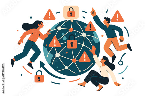 Global Data Security Network. Online privacy laws and their global implications. Abstract digital globe with interconnected nodes, locks, and warning icons;