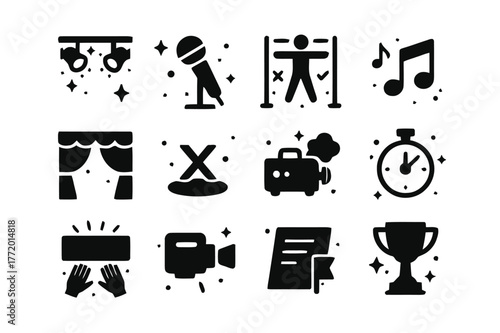 Cosplay Performance Icons. Cosplay stage performance and posing. Solid icons set of Cosplay stage performance and posing: stage lights, microphone, pose guide,