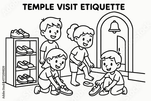 Temple Etiquette Coloring. Temple visit etiquette children?s coloring book illustration, outlined drawing, visitors removing shoes and placing them on a rack