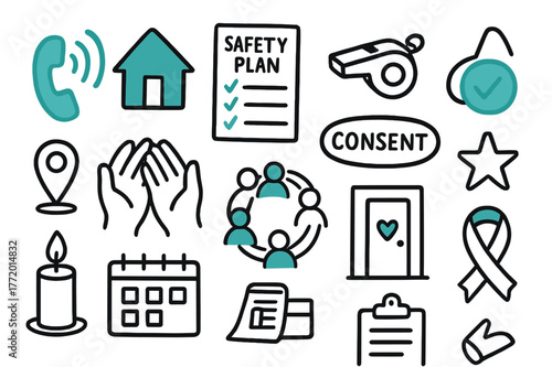 Anti-Violence Support Icons. Anti-violence advocacy. Hand-drawn doodle illustration anti-violence advocacy hotline phone (accented), shelter house (accented),