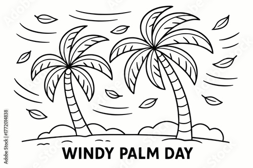 Windy Palm Coloring Page. Windy palm day children?s coloring book illustration, outlined drawing, palm trees bending gently in the breeze with curved motion