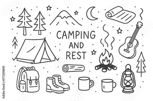 Camping Gear Doodle. Camping and rest. Hand-drawn doodle illustration camping and rest tent, campfire, trees, moon, stars, backpack, boots, lantern, mug, log,
