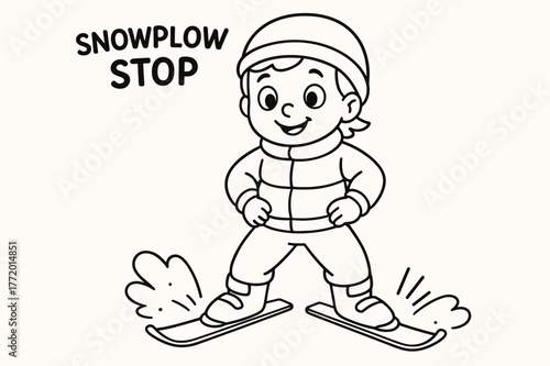 Snowplow Stop Coloring Page. Snowplow stop technique children?s coloring book illustration, outlined drawing, a child pressing skate tips inward with small