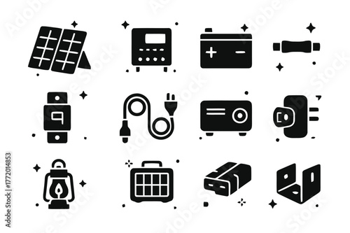 Off-Grid Solar Icons. Off-grid solar kit. Solid icons set of Off-grid solar kit: foldable panel, charge controller, battery bank, DC fuse, DC breaker, cable