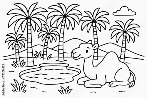 Desert Oasis Coloring. Palm oasis in the desert children?s coloring book illustration, outlined drawing, palm trees surrounding a small pond with a camel