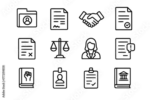 Employment Law Icons. Employment Law. Line icon set of Employment Law: employee file, contract document, handshake, job offer paper, termination notice,