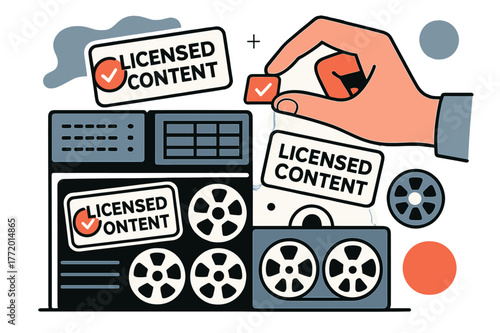 Content License Management. Television licensing and regulations ? Archival footage storage. Rows of drives and reels; icons of ?LICENSED CONTENT? labels