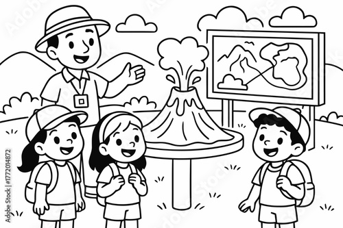 Volcano Adventure Coloring. Volcano field trip children?s coloring book illustration, outlined drawing, cheerful kids with a guide looking at a model volcano