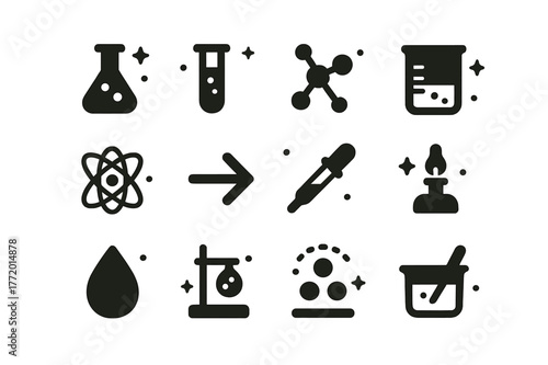 Chemical Lab Icons. Chemical Lab Work. Solid icons set of Chemical Lab Work: flask, test tube, molecule, beaker, atom, reaction arrow, pipette, Bunsen burner,