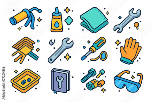 Outdoor Play Toolkit. outdoor play maintenance. Colorful isometric vector icons set of outdoor play maintenance: grease gun, lubricant tube, microfiber cloth,