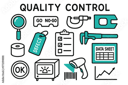 Quality Control Icons. // Quality control. Hand-drawn doodle illustration Quality control [magnifier (accented), go/no-go gauge (accented), micrometer, caliper