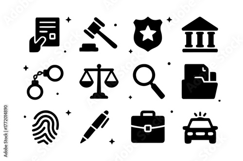 Law & Order Icons. Law & Order. Solid icons set of Law & Order: hand holding document, gavel, police badge, courthouse, handcuffs, legal scale, magnifying