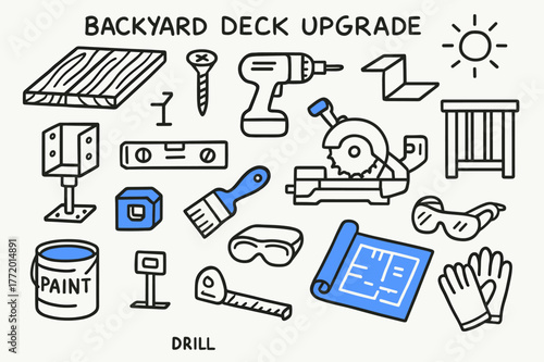 Backyard Deck Tools. // Backyard deck upgrade. Hand-drawn doodle illustration backyard deck upgrade [deck boards (accented), screws (accented), drill/driver,