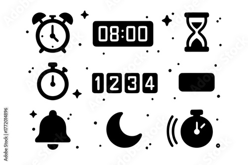 Alarm and Timer Icons. Alarms and Timers. Solid icons set of Alarms and Timers: analog alarm clock, digital clock, hourglass, stopwatch, countdown digits,
