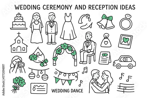 Whimsical Wedding Highlights. Wedding ceremony and reception ideas. Hand-drawn doodle illustration Wedding ceremony and reception ideas, wedding cake, bride,