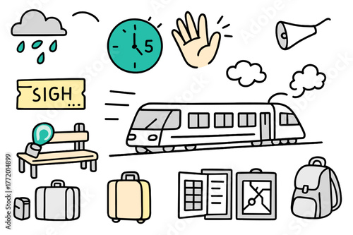 Missed Train Chaos. // Missed train. Hand-drawn doodle illustration missed train [train leaving station (accented), empty platform, clock showing min late