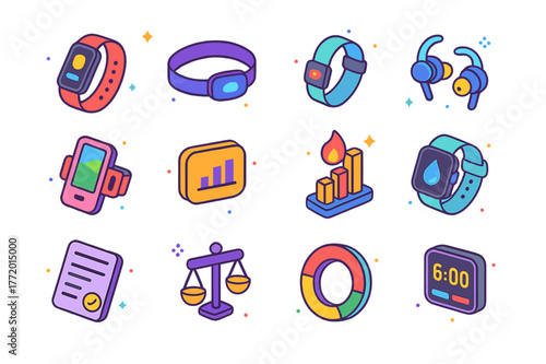 Colorful Fitness Icons. Fitness wearables. Colorful isometric vector icons set of Fitness wearables: fitness tracker, chest strap sensor, ankle tracker,