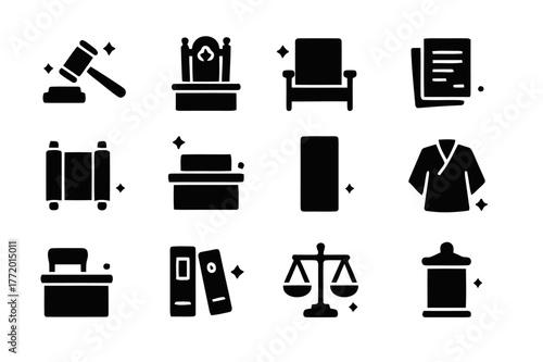 Japanese Courtroom Icons. Courtrooms in Japan. Solid icons set of Japanese courtrooms: Japanese gavel, judge?s wooden seat, defendant seat, court documents,