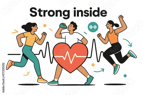 Strong Heart Power. Exercise ? Strong Heart. Stylized heart beats at the center, with pulse lines stretching across the frame. Caption ?strong inside? hovers