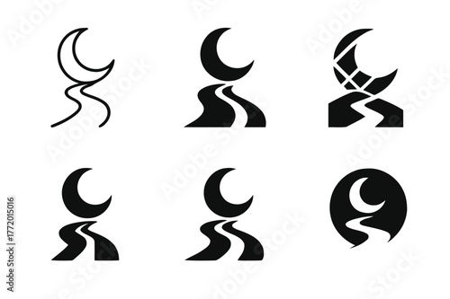 Moonlit Path Logos. Moonlit path. Set Logo of Moonlit path: crescent moon illuminating track. harmonious logo variations of the same emblematic concept, each