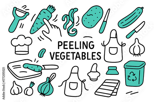 Vegetable Peeling Doodle. // Peeling vegetables. Hand-drawn doodle illustration peeling vegetables [vegetable peeler (accented), carrot, potato (accented),