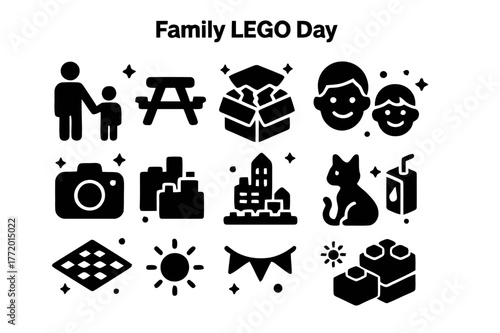 Family LEGO Fun. Family LEGO Day. Solid icons set of Family LEGO Day: parent and child, picnic table, open box, smiling faces, camera, completed city, cat pet,