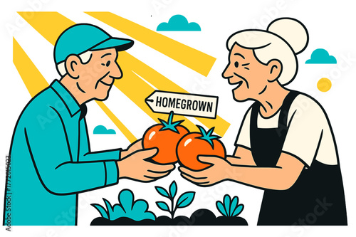 Garden Tomato Exchange. Old age ? Community garden harvest. Hands pass bright tomatoes; sunbeams slice into graphic rays. A small tag reads ?HOMEGROWN?. Modern