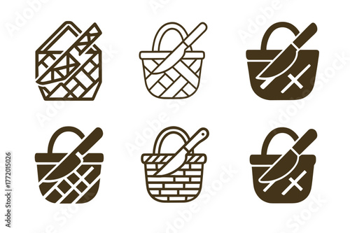 Forager's Basket Logos. Forager?s basket. Set Logo of Forager?s basket: woven basket and field knife. harmonious logo variations of the same emblematic