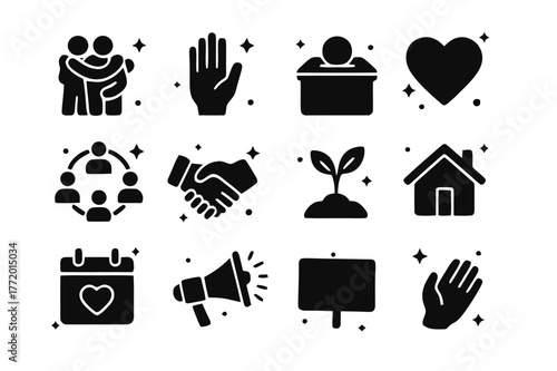 Community Care Icons. Community Care. Solid icons set of Community Care: group hug, volunteer hand, donation box, heart icon, people circle, handshake, plant