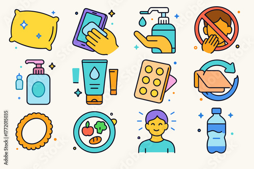 Acne Hygiene Essentials. Acne prevention hygiene. Colorful isometric vector icons set of Acne prevention hygiene: clean pillowcase, phone wipe, hand sanitizer,