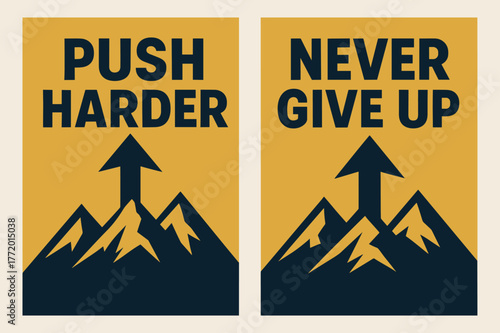 Motivational Banners. Push harder. Two vertical A6 banners with safe margins, centered composition, no elements touching edges, bold, navy and gold, objects