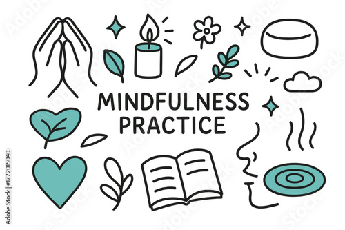 Mindfulness Icons Illustration. // Mindfulness practice. Hand-drawn doodle illustration Mindfulness practice [clasped hands (accented), candle (accented),