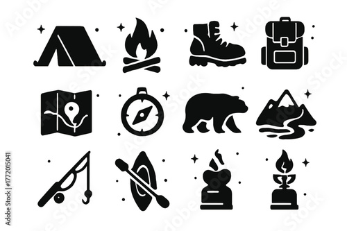 Camping Icons Collection. Camping Adventure. Solid icons set of camping adventure: tent, campfire, hiking boots, backpack, map, compass, bear, mountain, river,