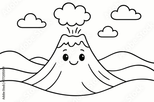 Friendly Volcano Coloring. Volcano children?s coloring book illustration, outlined drawing, a friendly volcano with a smiling face and a gentle puff of ash